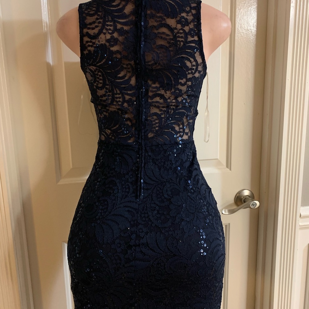 Women junior blue navy lace sequins halter bodycon mermaid maxi dress size (S) - Picture 13 of 13